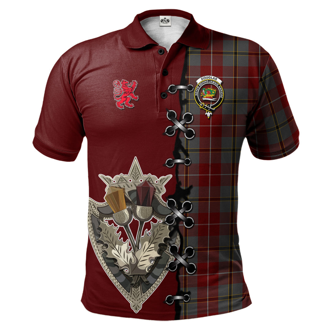 Douglas Ancient Red Tartan Polo Shirt - Lion Rampant And Celtic Thistle Style