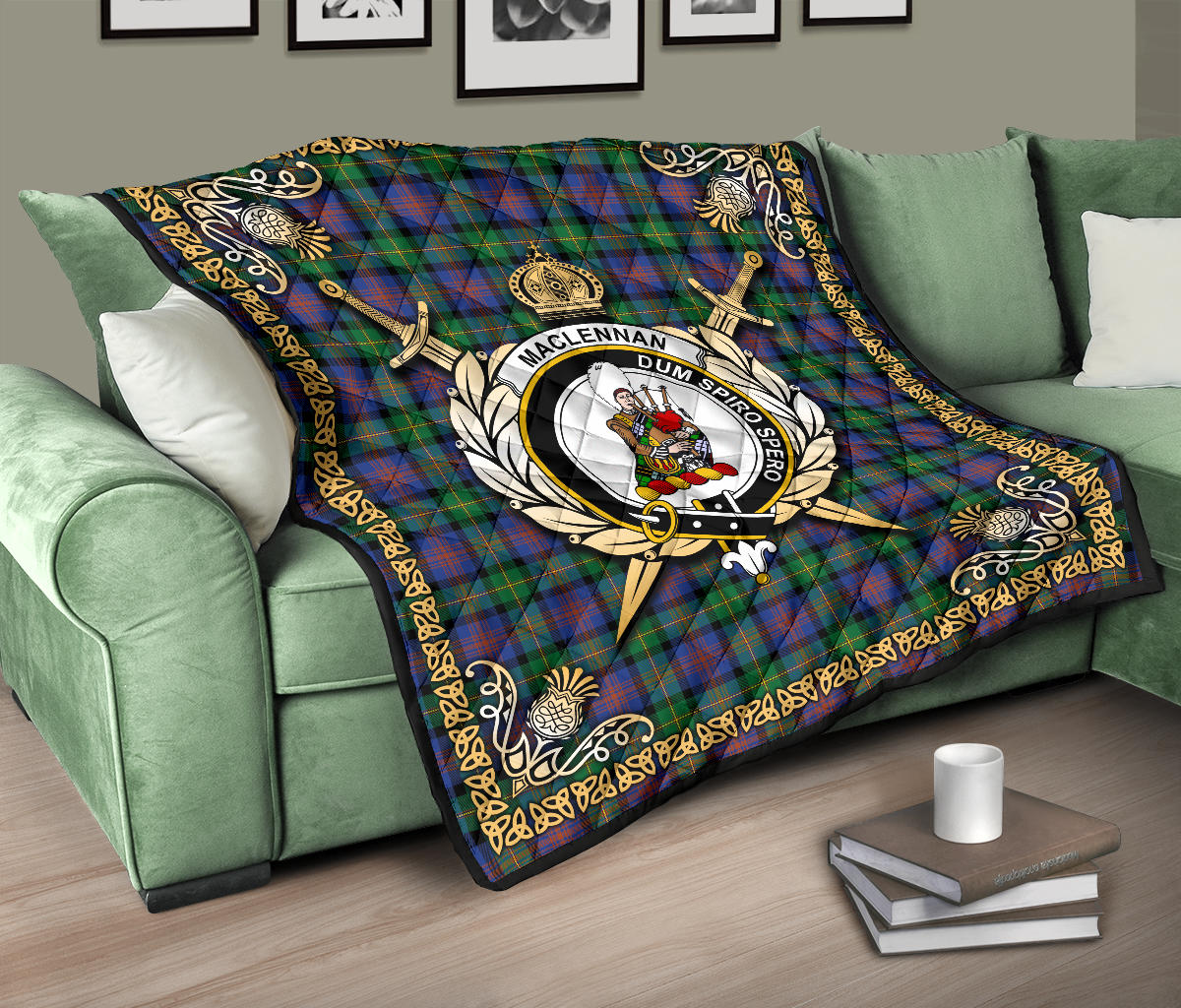 MacLennan Ancient Tartan Crest Premium Quilt - Celtic Thistle Style SP