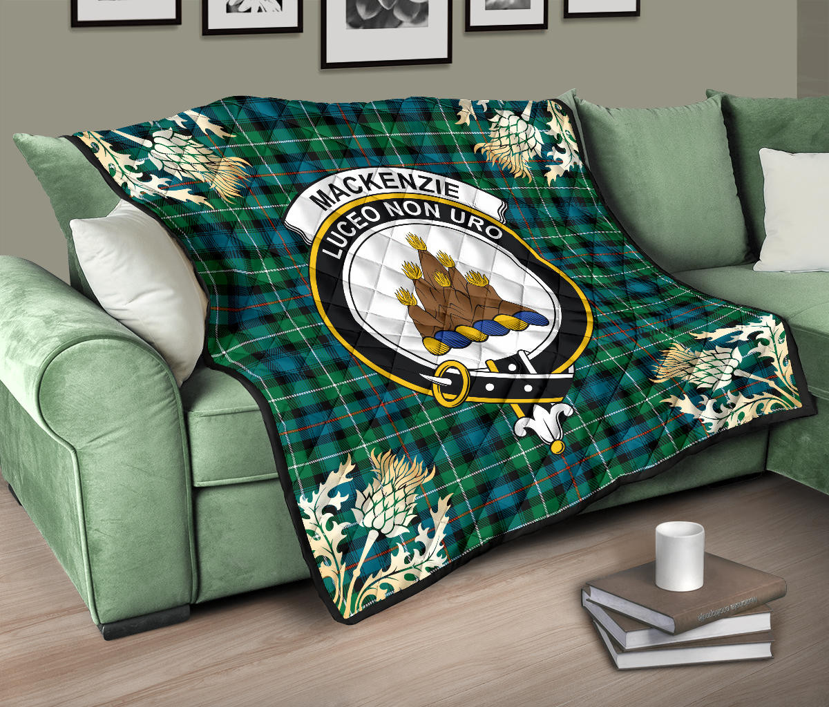 MacKenzie Ancient Tartan Crest Premium Quilt - Gold Thistle Style SP