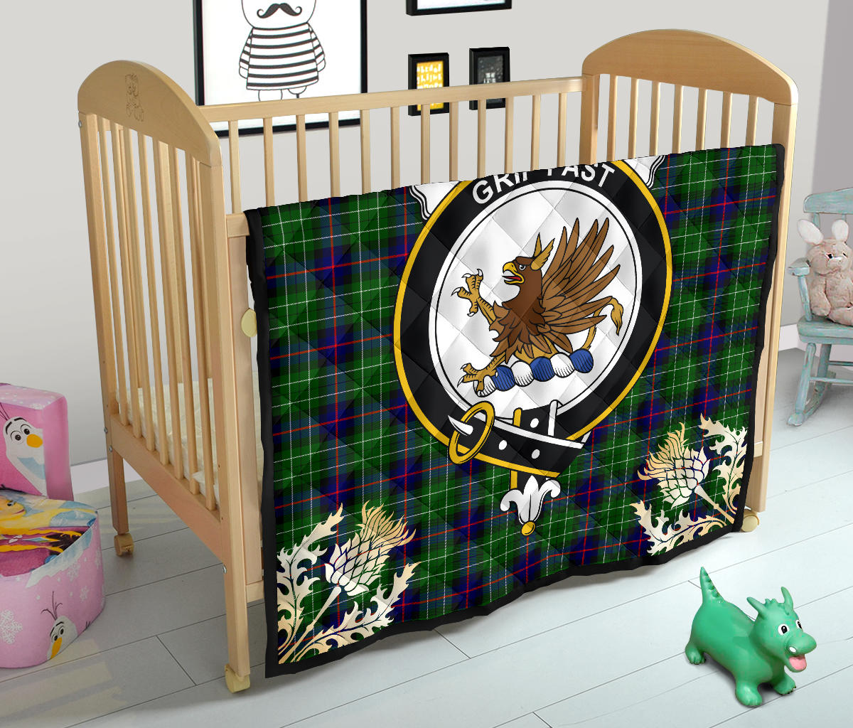 Leslie Hunting Tartan Crest Premium Quilt - Gold Thistle Style - SP