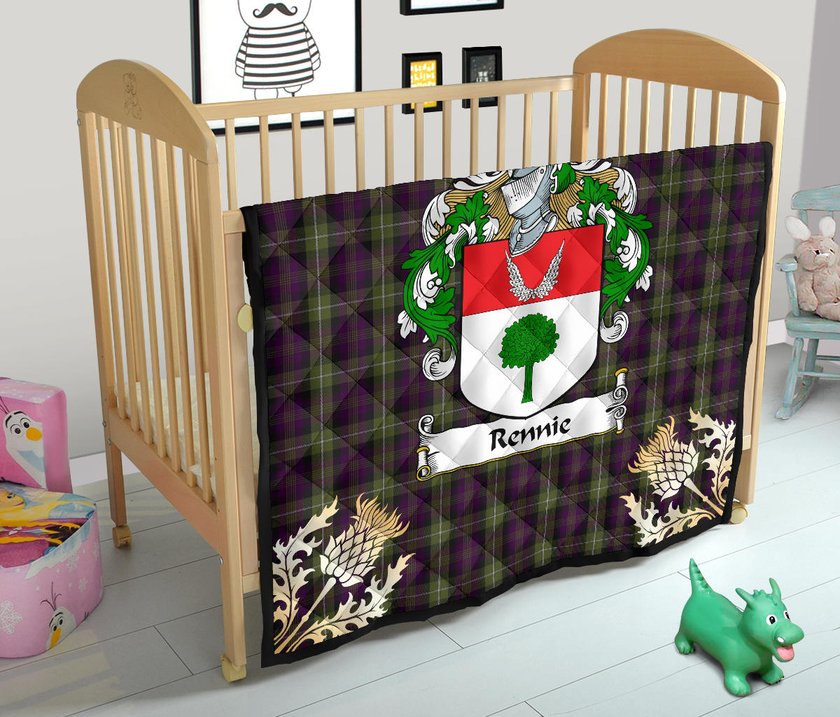 Rennie Family Coat of Arms Tartan Premium Quilt - Gold Thistle Style SP