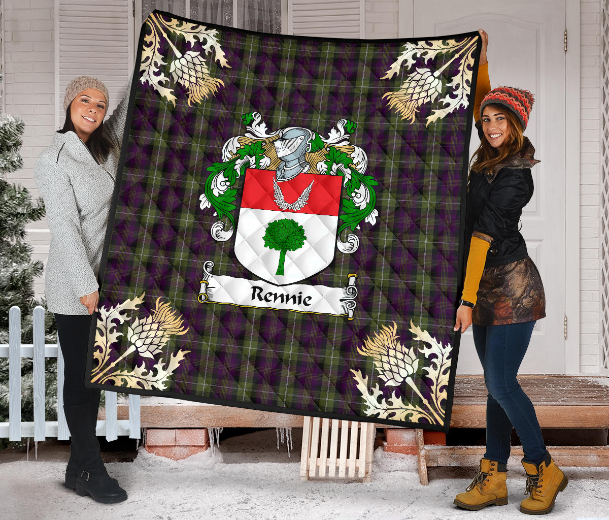 Rennie Family Coat of Arms Tartan Premium Quilt - Gold Thistle Style SP