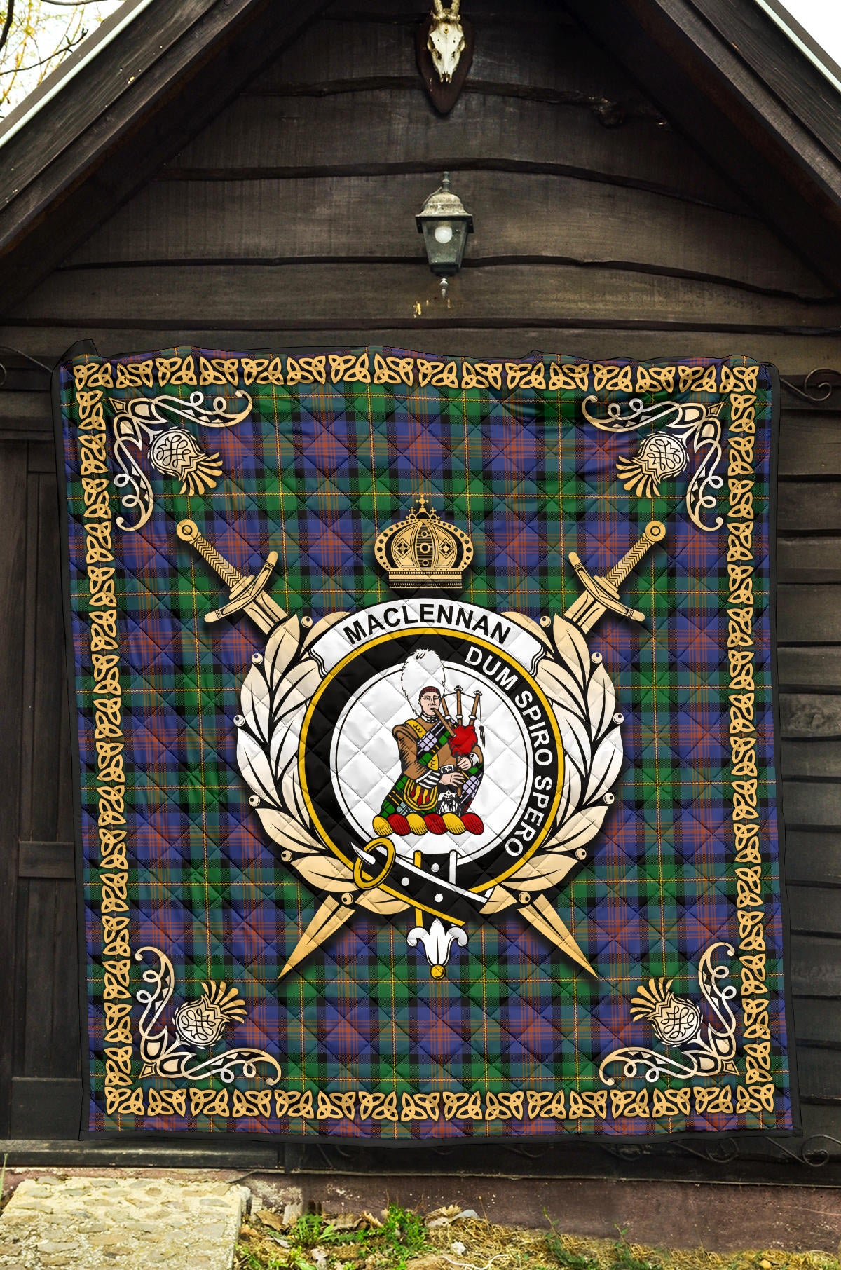 MacLennan Ancient Tartan Crest Premium Quilt - Celtic Thistle Style SP