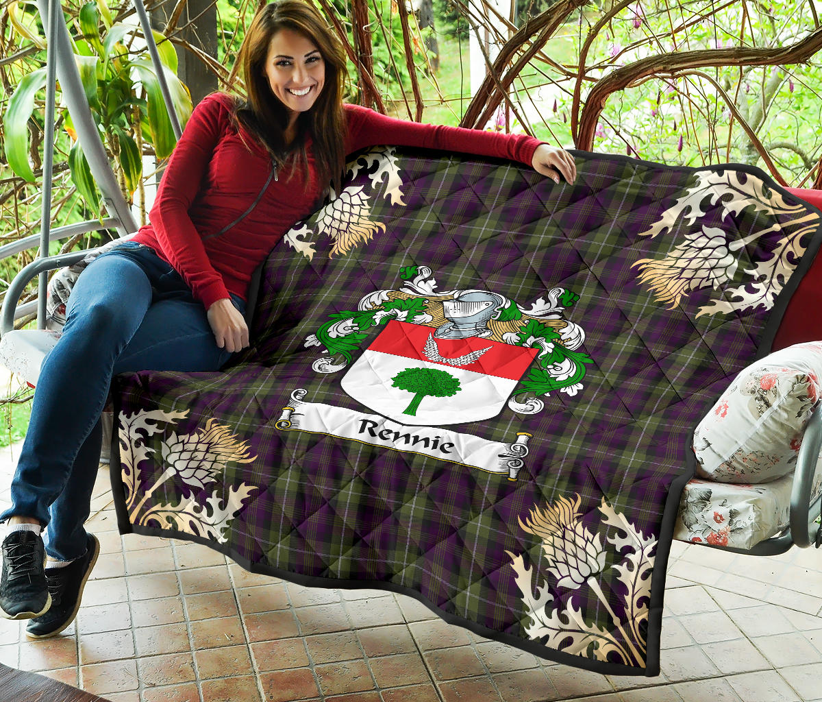 Rennie Family Coat of Arms Tartan Premium Quilt - Gold Thistle Style SP