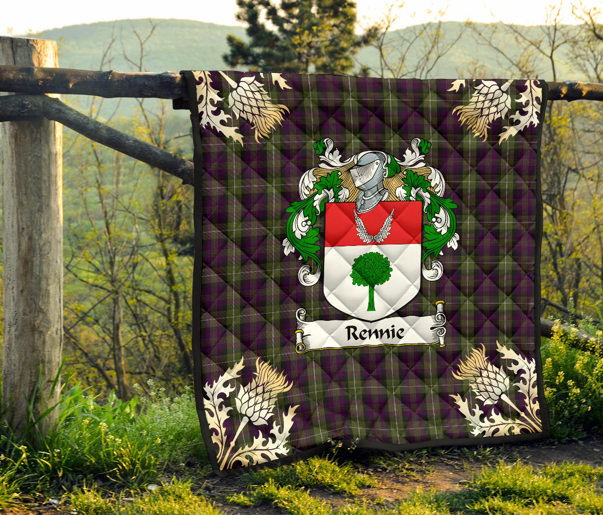 Rennie Family Coat of Arms Tartan Premium Quilt - Gold Thistle Style SP