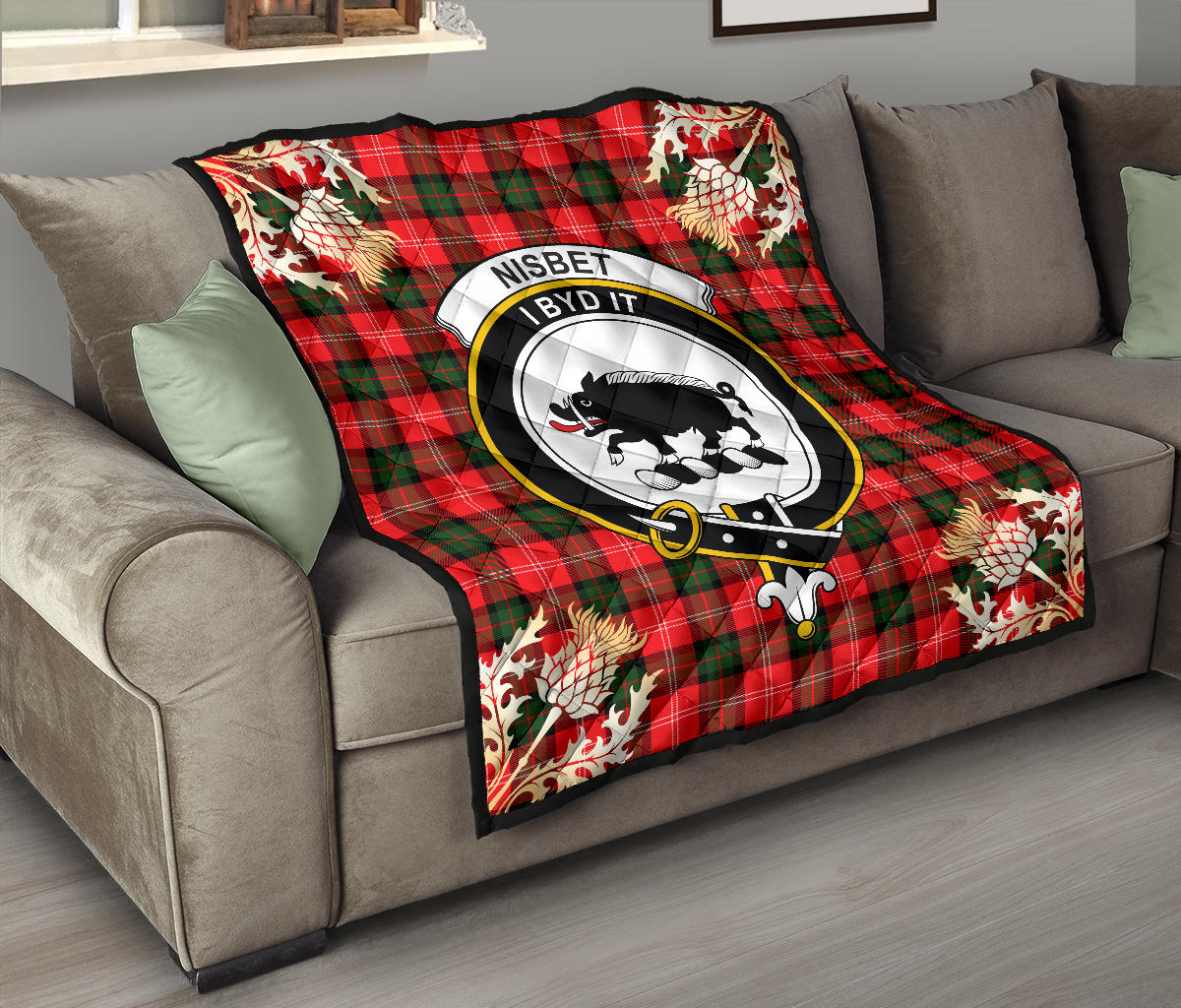 Nisbet Modern Tartan Crest Quilt - Gold Thistle Style SP