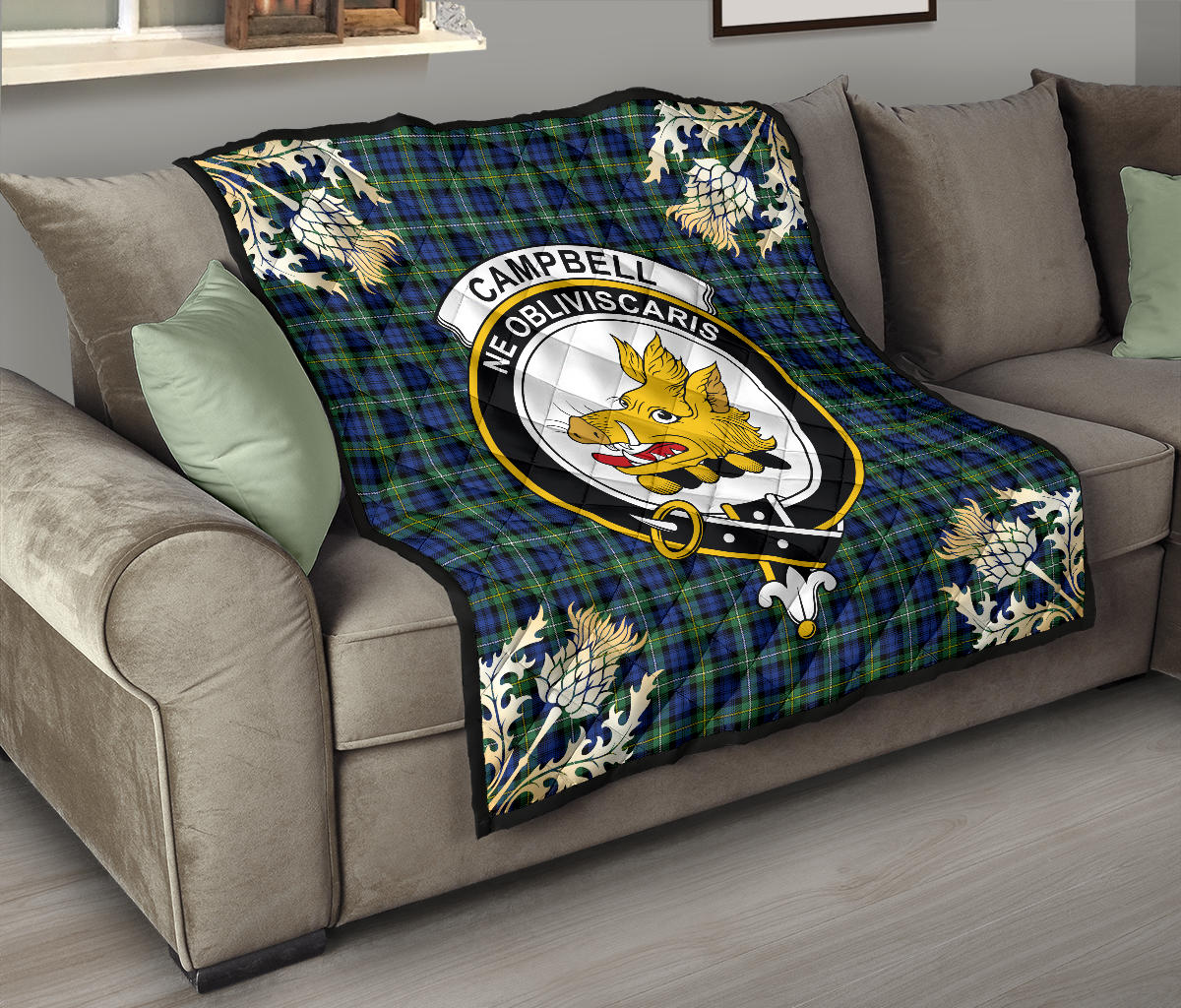 Campbell Argyll Ancient Tartan Crest Premium Quilt - Gold Thistle Style - SP