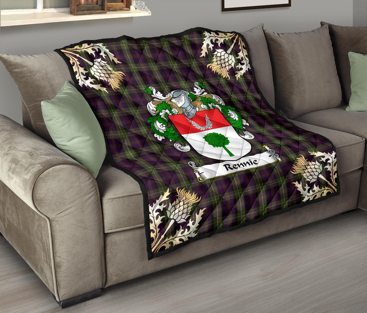 Rennie Family Coat of Arms Tartan Premium Quilt - Gold Thistle Style SP