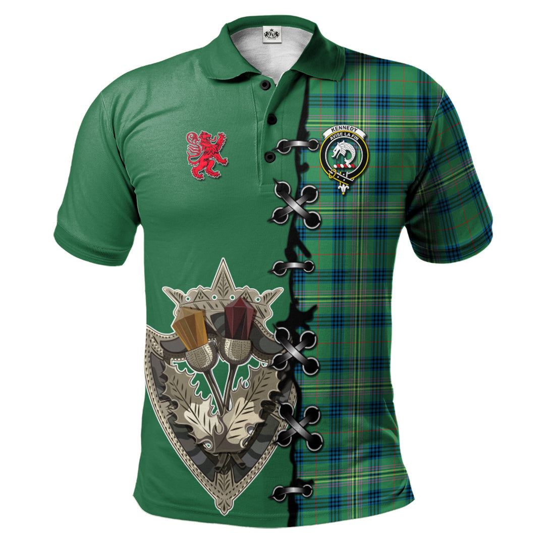 Kennedy Ancient Tartan Polo Shirt - Lion Rampant And Celtic Thistle Style
