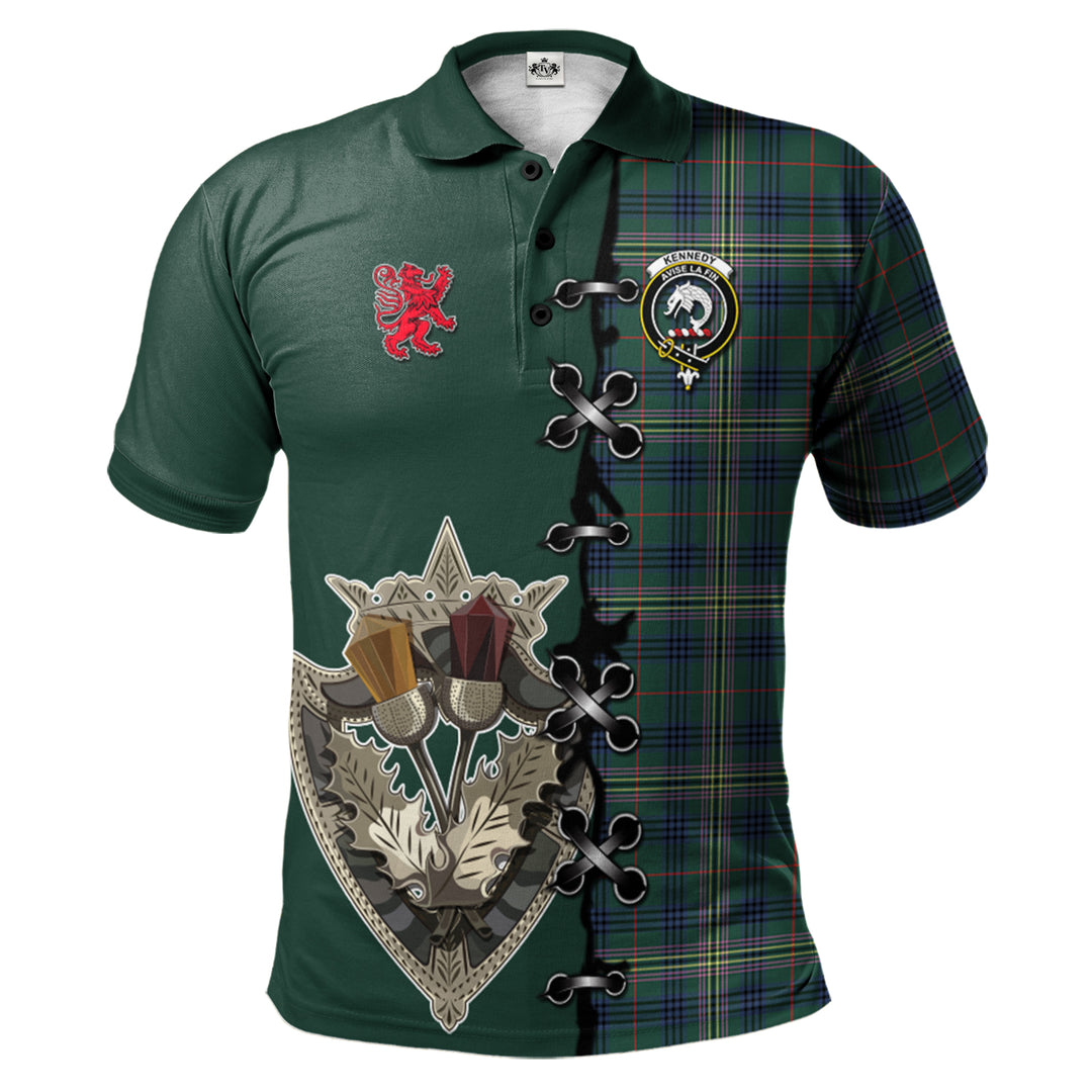Kennedy Modern Tartan Polo Shirt - Lion Rampant And Celtic Thistle Style