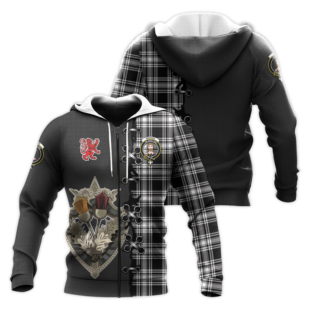 Menzies Black and White Tartan Hoodie - Lion Rampant And Celtic Thistle Style