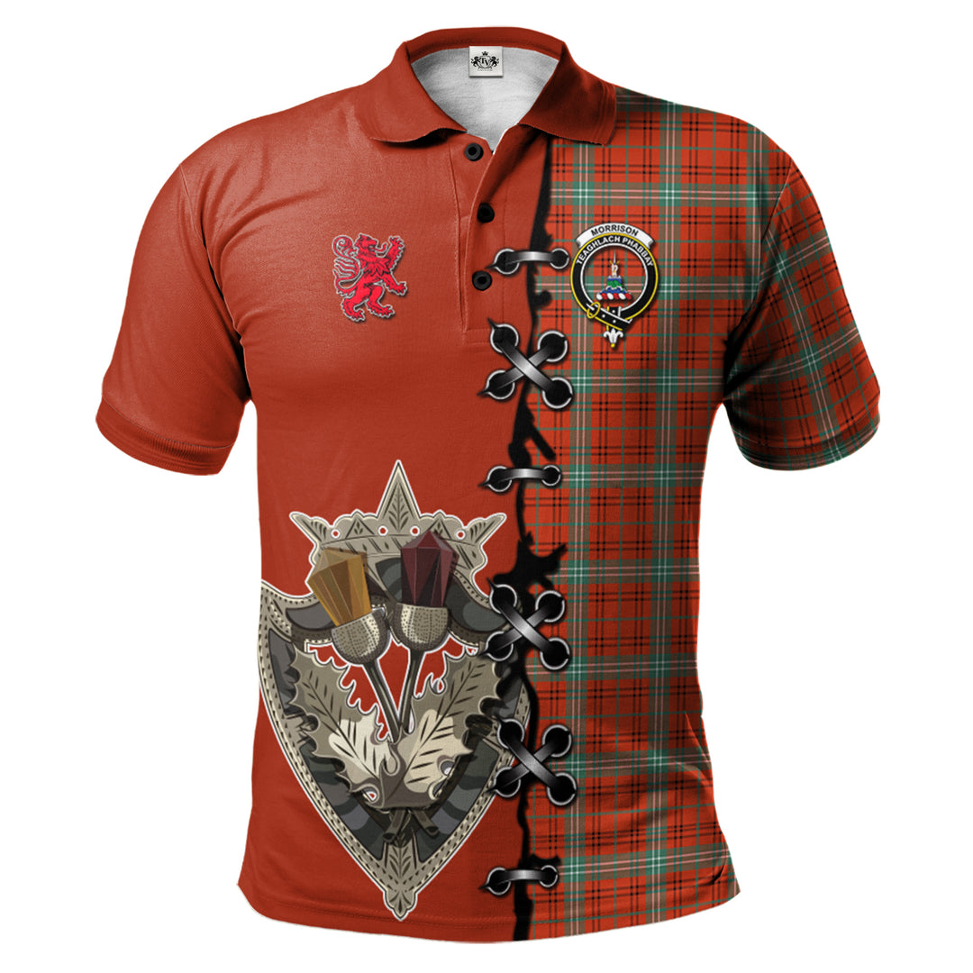 Morrison Red Ancient Tartan Polo Shirt - Lion Rampant And Celtic Thistle Style